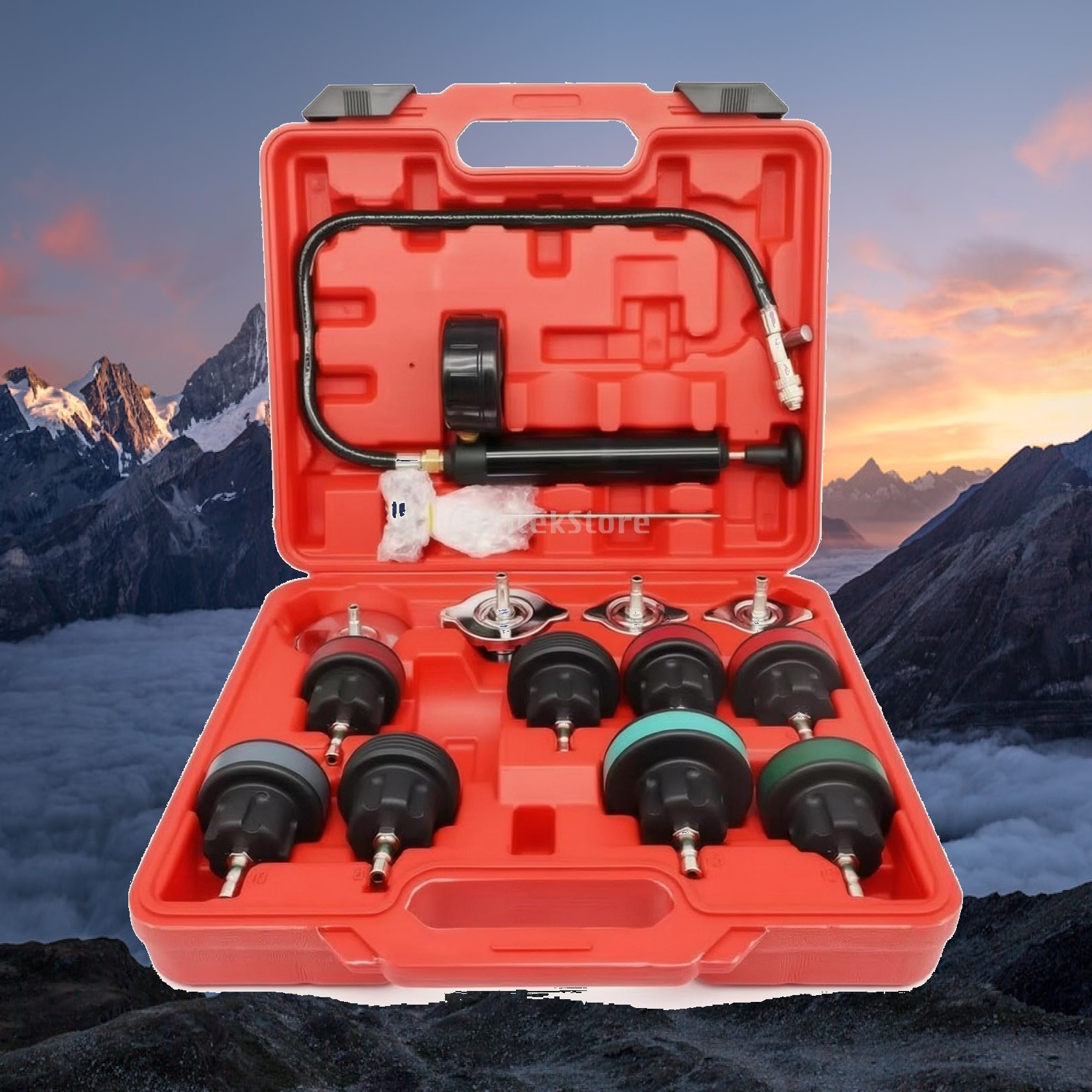 Radiator Pressure Tester - เครื่องทดสอบระบบระบายความร้อน ปั๊มแรงดันหม้อน้ำพร้อมอะแดปเตอร์ เครื่องมือเติมสุญญากาศสำหรับการบำรุงรักษารถยนต์ในโรงรถ