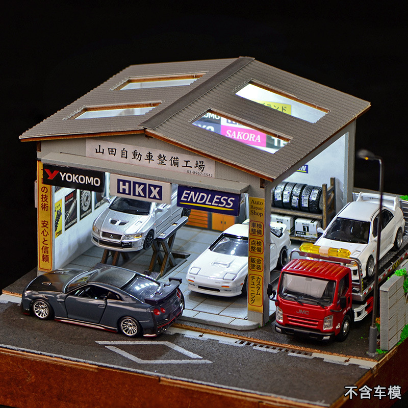 Auto Repair Shop In - ชุดประกอบฉากจำลองอู่ซ่อมรถยนต์ขนาด 1:64 พร้อมไฟ LED, โรงรถขนาดจิ๋วสำหรับจัดแสดงรถโมเดล